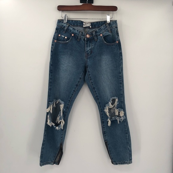 ONE TEASPOON Freebirds Jeans Distressed Ripped Knees Zip Ankle Rigid Denim 25 - Picture 2 of 9